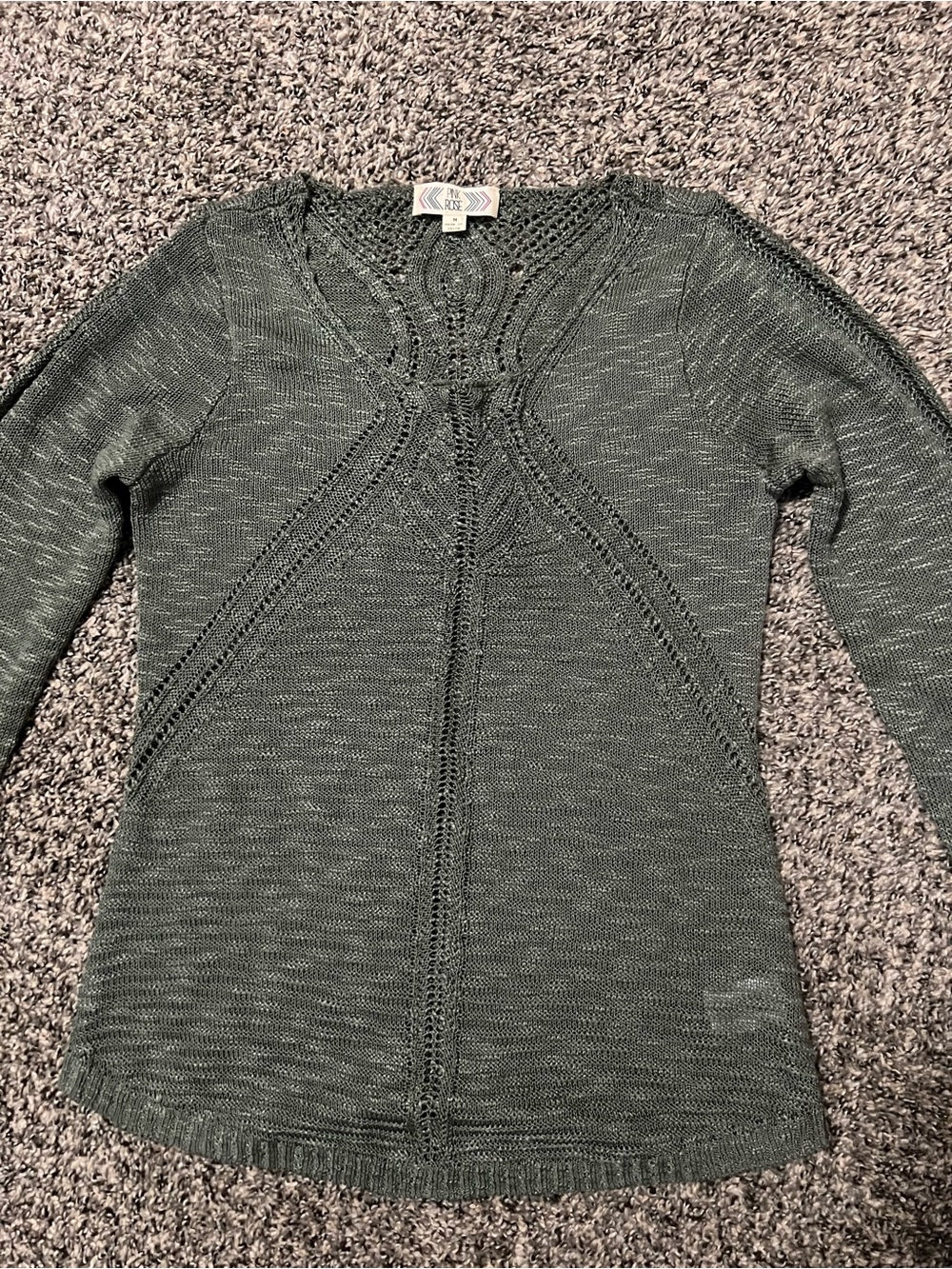 Olive Green V-Neck Knit Pullover with Eyelet Details